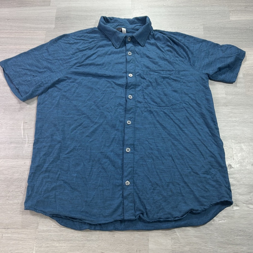 Ibex Shirt Mens Large Blue Merino Wool Short Sleeve Button-Up USA Casual